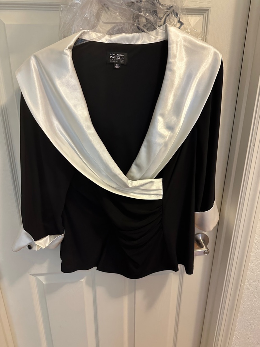 Adrianna Papell Black Blouse with Ivory Satin Draped Collar